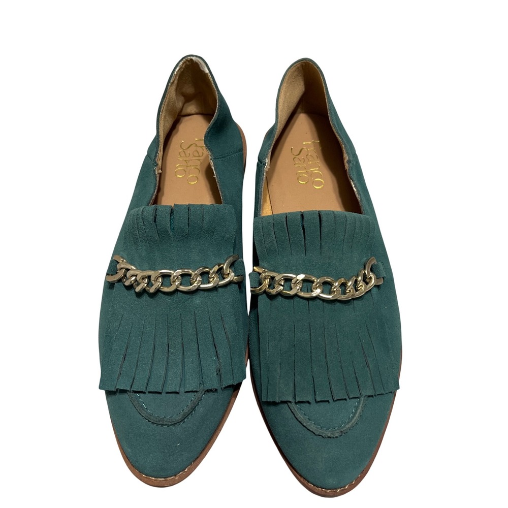 Franco Sarto Teal Suede Fringe Chain Loafers Flats Women's Size 7M EUC Preppy